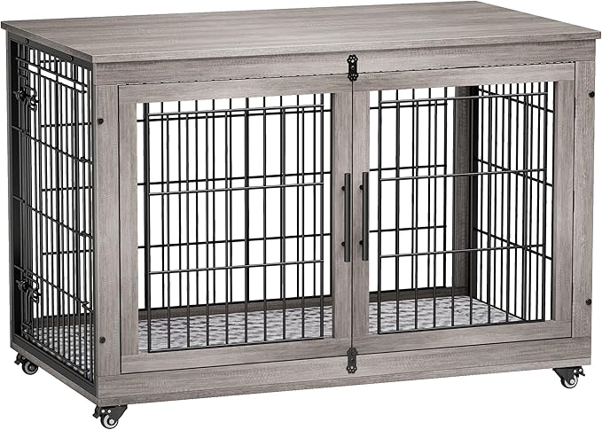 Lulive Dog Crate Furniture, XL Wooden Dog Kennel Indoor Double Doors Dog Cage, 44'' Heavy Duty Dog Crate with Cushion & Wheels, Decorative End Table Chew-Resistant for Extra Large/Medium, Grey