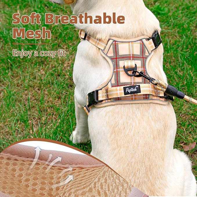 PUPTECK No Pull Dog Harness Medium Sized, Adjustable Reflective Dog Harness with Handle Easy Control, Comfortable Soft Padded Pet Vest Harness for Medium Dogs, Plaid Beige M