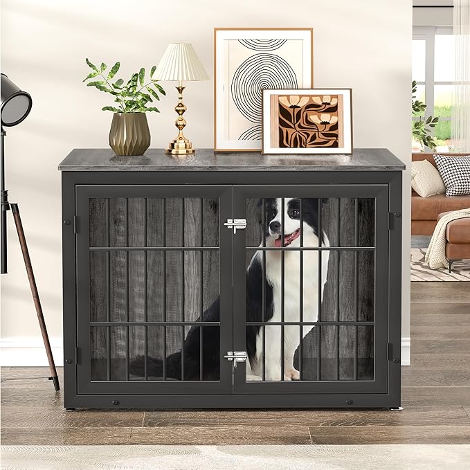 42" Heavy Duty Dog Crate Furniture for Large and Medium Dogs, Enclosed Design Wooden Metal Kennel, Wooden Cage Furniture Indoor, Decorative Dog Kennel End Table