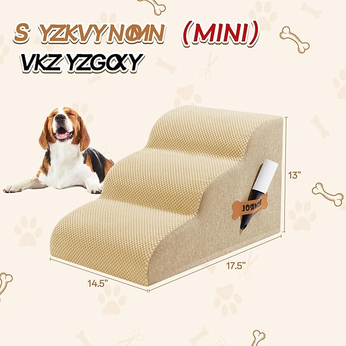 Romrol Dog Stairs Ramp for Beds Couches, Extra Wide Pet Steps with Durable Non-Slip Waterproof Fabric Cover, Dog Slope Stairs for Small Dogs and Cats or Pets Friendly, 3-Tiers, 13 Inch,Beige