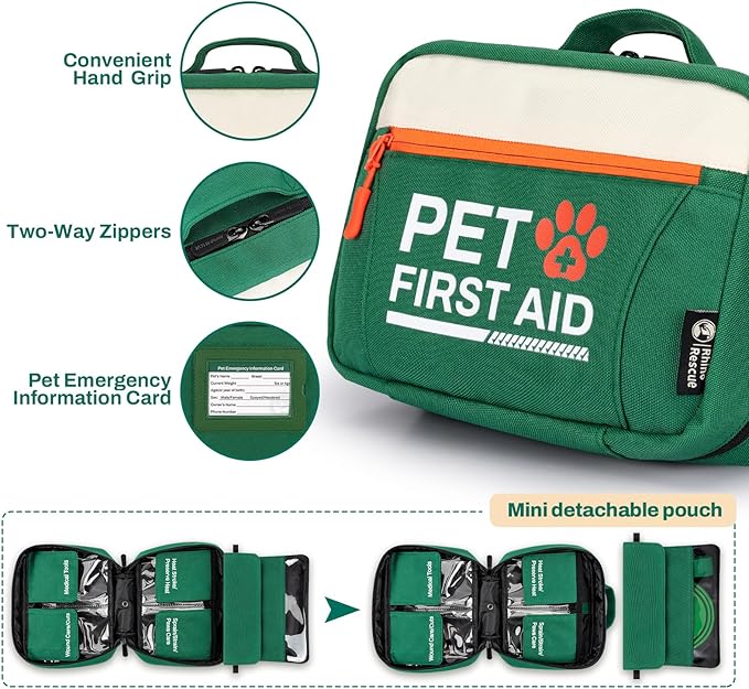 RHINO RESCUE Pet First Aid Kit, Emergency Medical Supplies for Dogs & Cats, Safety Essentials Pack with Thermometer, Disposable Booties for Home, Hiking, Traveling & Camping