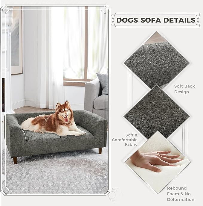 Dog Sofa Couch for Medium to Large Dogs, Memory Foam Dog Sofa Bed, Modern Elevated Pet Couch Bed with Wooden Legs for Medium and Large Dogs, Dark Grey