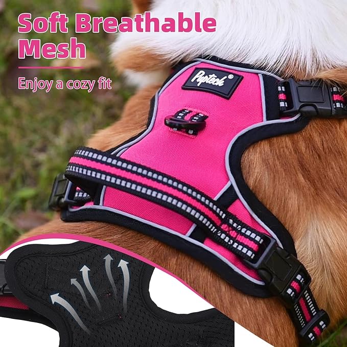PUPTECK No Pull Dog Harness Small Sized, Adjustable Reflective Dog Harness with Handle Easy Control, Comfortable Soft Padded Pet Vest Harness for Small Dogs, Fuschia S