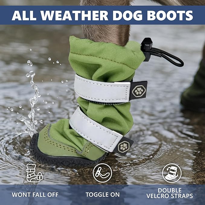Spark Paws Dog Shoes, Waterproof Dog Boots for Medium to Large Dogs, Non Slip, Breathable Dog Booties and Paw Protectors - 4PCS Doggie Hiking Boots with Reflective Straps - Green, Size 1