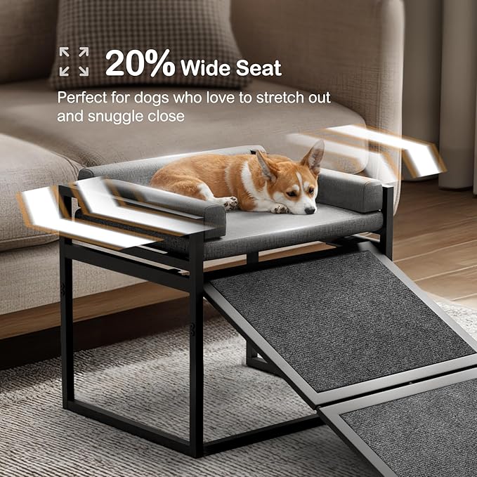 Pet Stairs Ramp Dog with Detachable 20% Wider Seat Mate,Companion Chair Platform for Small Doggie and Cat,Dachshund Puppy Non-Slip Ladder Perch,Doggy Step for High Bed Window Sofa Office Grey