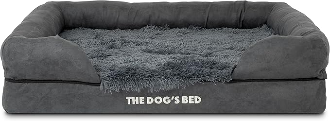 The Dog’s Bed, Large Grey Fur, Memory Foam, Pain Relief: Arthritis, Hip & Elbow Dysplasia, Post Surgery, Lameness, Supportive, Calming, Waterproof Washable Cover, Veterinary Approved