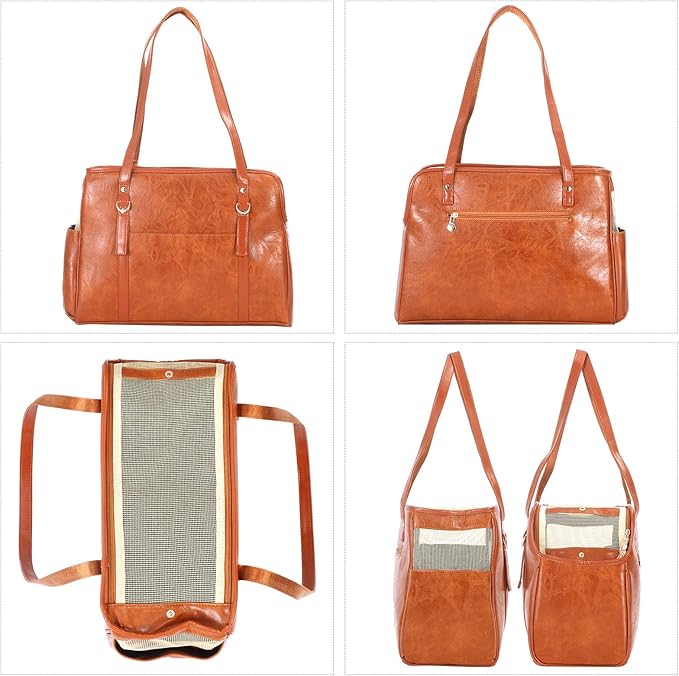 Dog Carrier Purse, Fashion Leather Pet Carrier with Pockets, Airline Approved Soft Sided Dog Carrying Bag for Puppy Cat Dog Brown