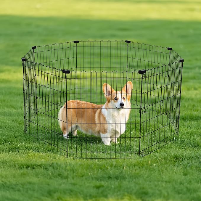 Amazon Basics Foldable Octagonal Metal Exercise Dog Playpen - Indoor/Ou, , Blacktdoor, No Door, Small (8 Panels, 24 x 30), Easy to assemble, store, and customize, 30" - Small, Black