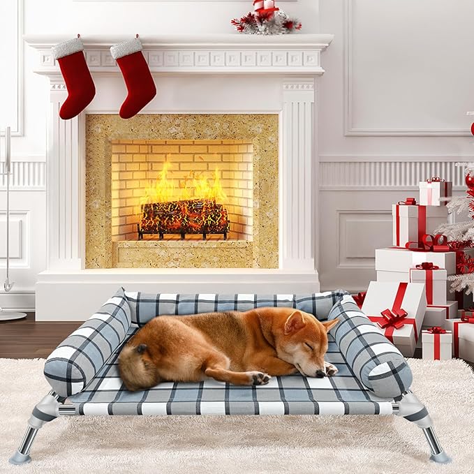 Elevated Raised Dog Bed Cot - Cooling Raised Dog Beds with Bolster Portable Washable Pet Cot Bed with Metal Frame Dogs Hammock Bed for Indoor & Outdoor