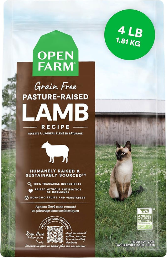 Open Farm, Grain Free Dry Cat Food, High-Protein Kibble for a Complete & Balanced Diet, Non-GMO Fruits & Vegetables, Prebiotic Fibers to Support Digestion, Pasture-Raised Lamb Recipe, 4lb Bag