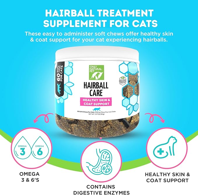 Only Natural Pet Hairball Care - Healthy Skin and Coat Support - Soft Chews for Cats – Digestive Supplement with Flaxseed, Psyllium Husk and Corn Silk – Chicken and Liver Flavor – 60 Count