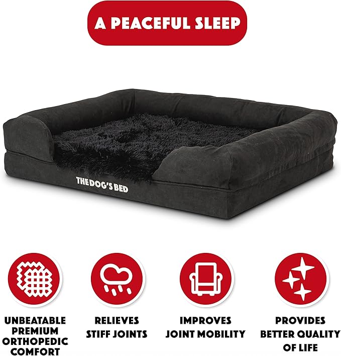 The Dog’s Bed, Medium Black Faux Fur 30x23.5, Memory Foam, Pain Relief: Arthritis, Hip & Elbow Dysplasia, Post Surgery, Lameness, Supportive, Calming, Washable Cover, Veterinary Approved