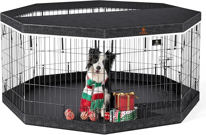 PJYuCien Dog Playpen, 8 Panels 24’’H Dog Pens Indoor with Bottom Pad and Top Cover, Metal Foldable Pet Puppy Exercise Fence Crate Kennel, Better for Small Animals,Black