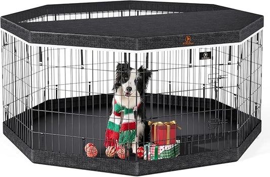 PJYuCien Dog Playpen, 8 Panels 24’’H Dog Pens Indoor with Bottom Pad and Top Cover, Metal Foldable Pet Puppy Exercise Fence Crate Kennel, Better for Small Animals,Black