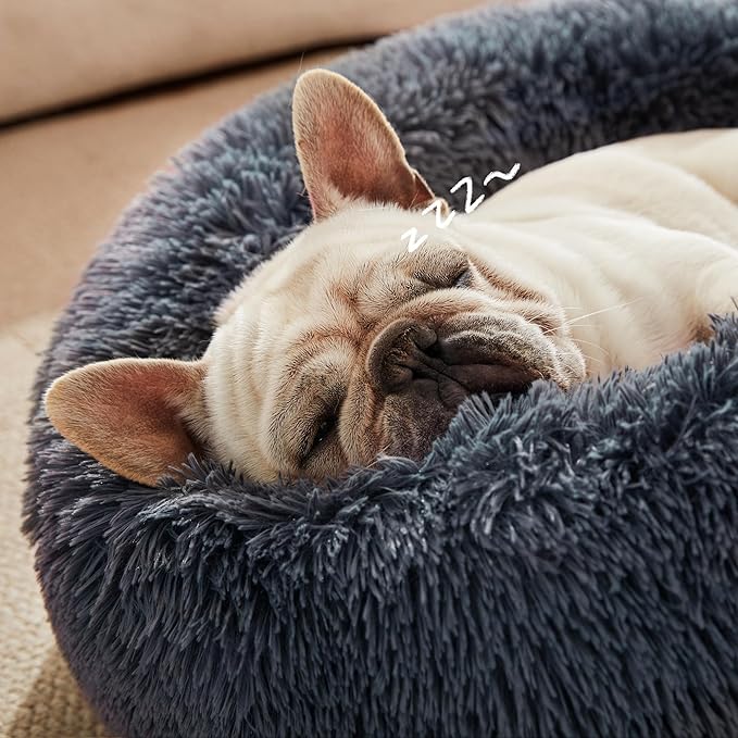 Love's cabin Calming Cat Bed for Indoor Cats,Anti-Anxiety Donut Round Dog Bed,Fluffy Faux Fur Washable Pet Bed for Small Medium Dogs and Cats,Bluish Grey,24in