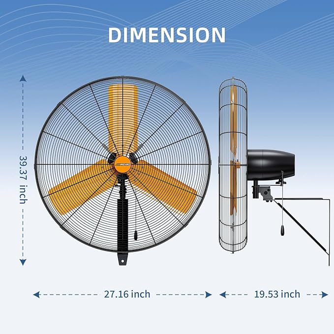 24 inch Oscillating High Velocity Wall Mount Fan, 7600 CFM Industrial Heavy Duty Metal Wall Fan, 3 Speeds, Adjustable Height and Tilt, Commercial Shop Fans for Garage, Workshop
