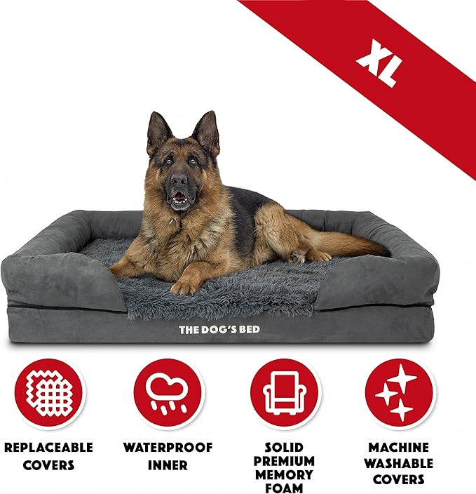 The Dog’s Bed, XL Grey Fur 43.5x34,Memory Foam, Pain Relief: Arthritis, Hip & Elbow Dysplasia, Post Surgery, Lameness, Supportive, Calming, Waterproof Washable Cover, Veterinary Approved