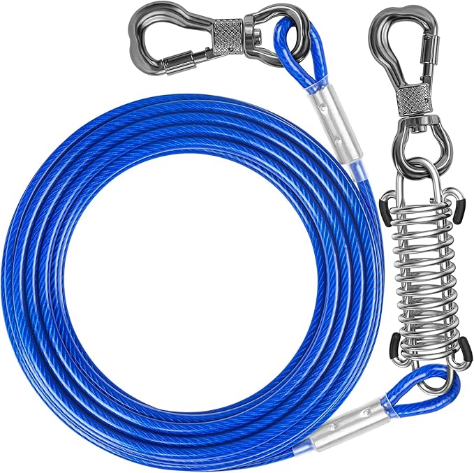 Tresbro 50 FT Dog Tie Out Cable with Spring, Shock Absorbing Tether Chains for Outside Aavilable in 10/15/20/25/30/40/50/70/100/120 FT, Heavy Duty Leads for Yard for Medium & Large Dogs Up to 500 LBS