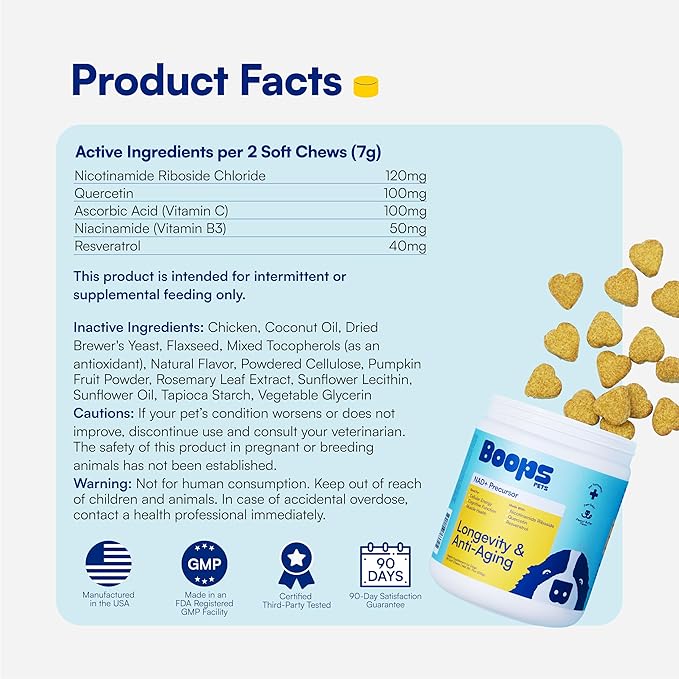 NAD+ Precursor & Senior Dog Supplement - 90 Soft Chews & Vitamins - NMN Alternative for Longevity, Anti-Aging & Energy - Nicotinamide Riboside, Resveratrol, Quercetin, Made with Pasture-Raised Chicken