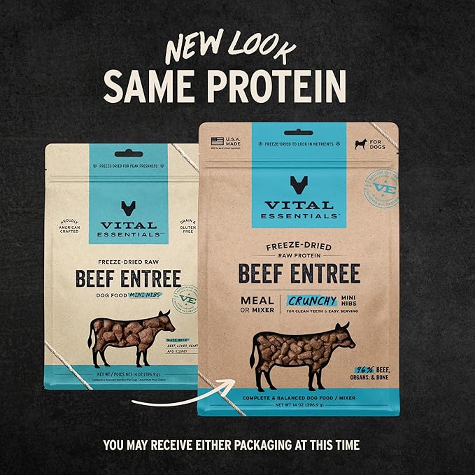 Vital Essentials Freeze-Dried Raw Beef Meal or Mixer Dog Food Crunchy Mini Nibs, 14 oz