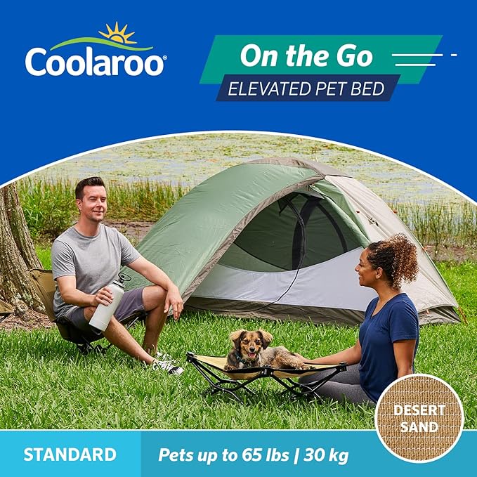 Coolaroo On-The-Go Elevated Dog Bed - Foldable Pop-Up Travel Dog Bed with Breathable, Moisture-Resistant Fabric, Carry Bag Included, Lightweight & Portable, Desert Sand, Standard