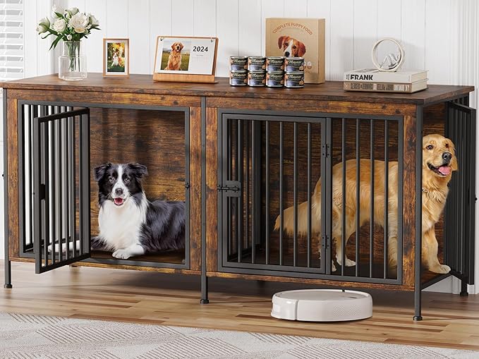 EasyCom 78 Inch Dog Crate Furniture for 2 Dogs, Extra Large Double Dog Cage Large Breed, XXL Thick Wooden Dog Crate TV Stand, Sturdy Dog Kennel with Divider