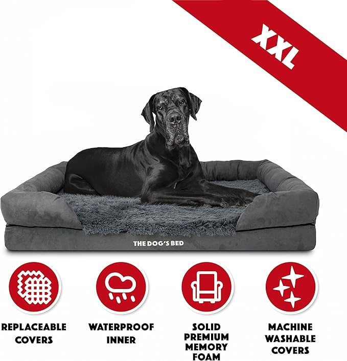The Dog’s Bed, XXL Grey Fur Memory Foam, Pain Relief: Arthritis, Hip & Elbow Dysplasia, Post Surgery, Lameness, Supportive, Calming, Waterproof, Washable Cover, Veterinary Approved
