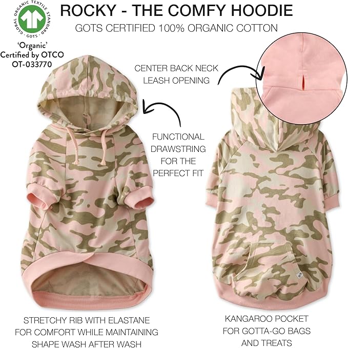Rocky – The Orginal Lightweight Hooded TEE 100% Organic Cotton Dog Hoodie Pet Coat Sweater for Small, Medium, Large Dogs, Pink Camo, Large