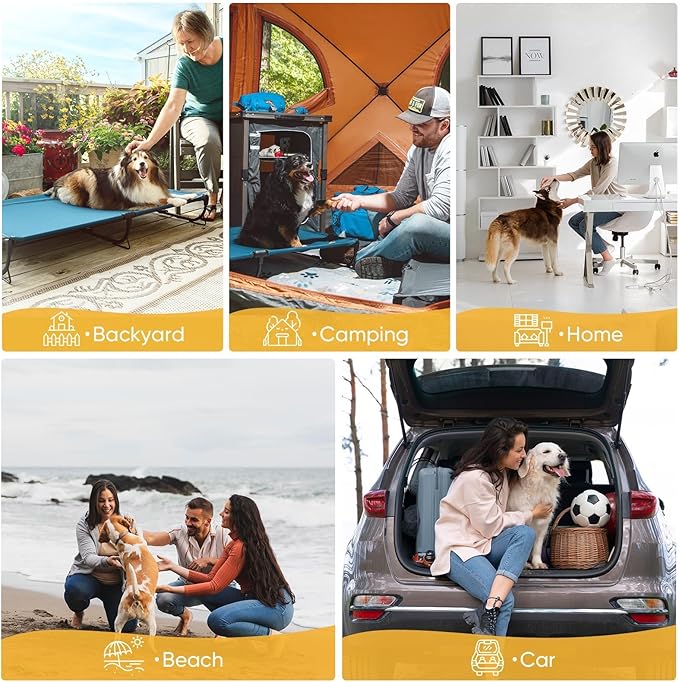 Folding Raised Dog Cot, Large Outdoor Elevated Dog Bed, Cooling Chew Proof Pet Cots Bed, Portable, Heavy Duty Up to 160 lbs, Pet Cot for Camping, Home, Dark Blue, 43"x27"x7"