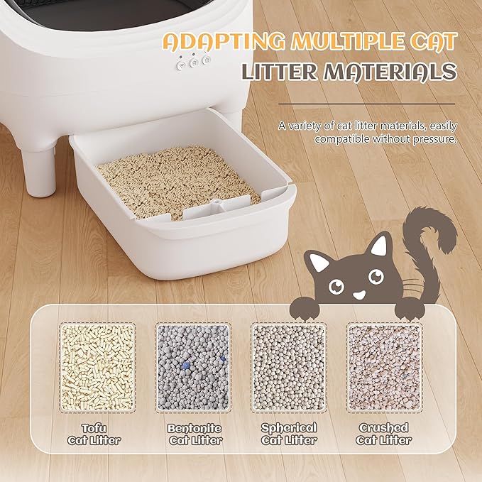 Greesum Automatic Self-Cleaning Litter Box for Cats - Open-Top Design, Easy Odor Control, Smart APP Control, 15L Large Waste Bin, Includes Trash Bags & Mat (Brown)