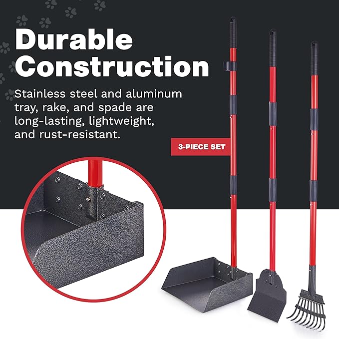 Pooper Scooper for Large Dogs, Small Dogs and Horses, Metal Poop Scooper Set with Long Handle Rake, Spade and Tray for Yard, Grass, Dirt or Gravel, Heavy Duty Aluminum Poop Picker Upper