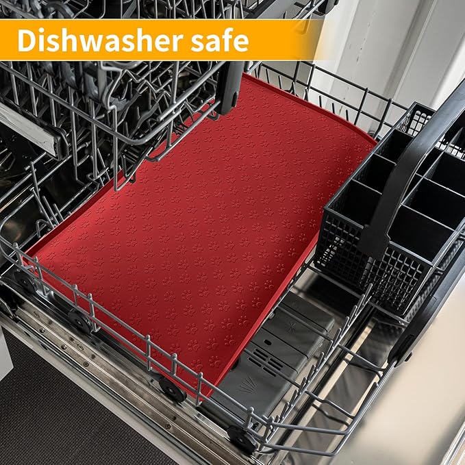 Ptlom Dog Food Mat Anti-Slip Pet Bowl Mats for Food and Water, High-Lips Pet Placemat Prevent Messy Spills to Floor, Waterproof Puppy Feeding Tray for Small, Medium Large Dogs Cats, Silicone