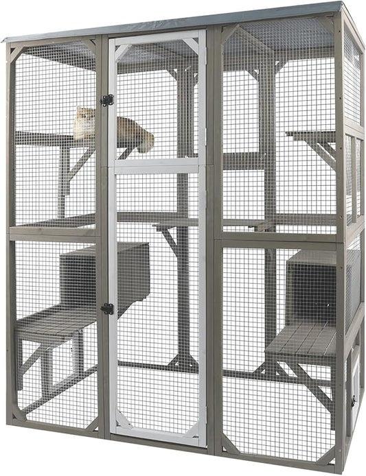 Catio Outdoor Cat Enclosure Large Window Cat House Walk in Kitty Cage with Multi-Level Platforms, Waterproof Roof for Mulitiple Cats (59" L x 29.5" W x 67.7" H)