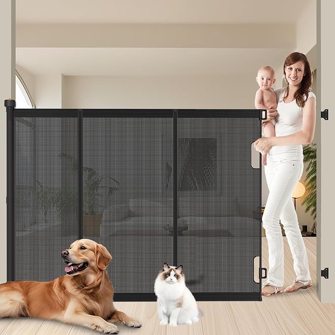 Extra Tall Retractable Baby Gates: 51" Tall Pet Gate, Extend up to 200" Wide, Mesh Baby Gate with Support Rods Jump-Proof Design for Cats & Large Dogs High Dog Cat Door Indoor Outdoor, Black