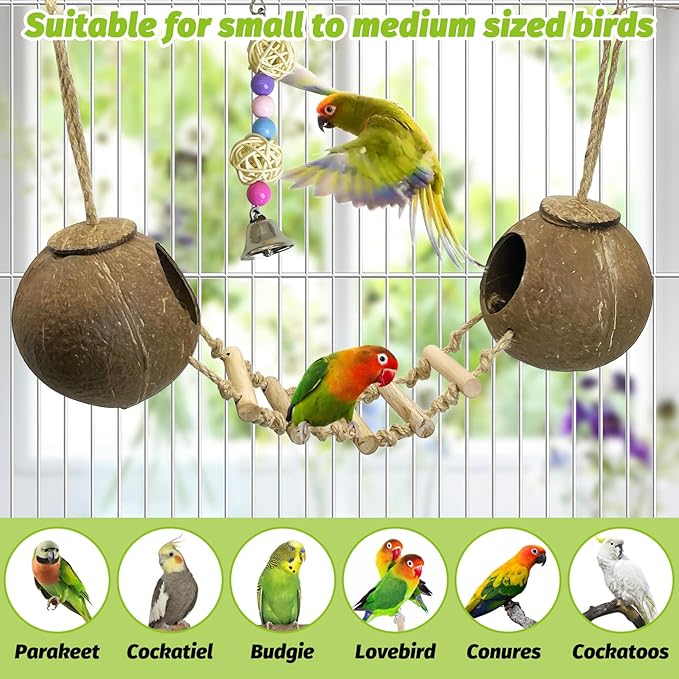 kathson 5Pcs Bird Coconut House with Ladder Parakeet Coconut Nest for Cages Parrot Hut Hanging Natural Coconut Fiber Conure Chewing Toys for Cockatiel Budgie Lovebird Cockatoos