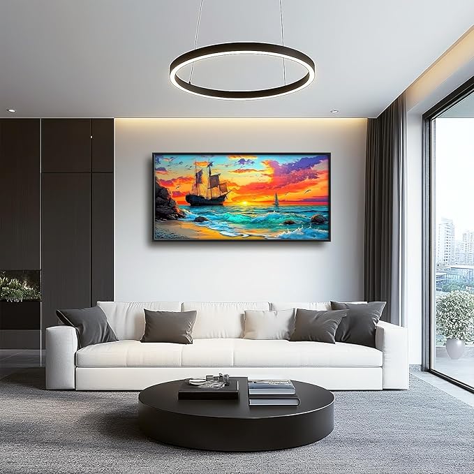 Framed Large Ship Wall Art for Living Room, Oversized Coastal Beach Boat Wall Decor Nautical Seascape Sailboat Canvas Painting Modern Artwork Home Decoration for Living Room Bedroom 60"x30"