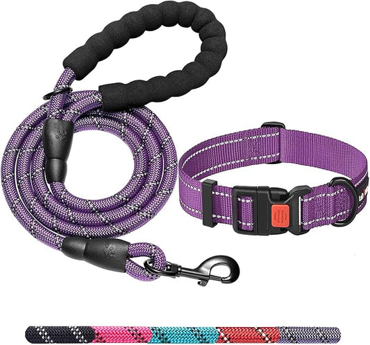 Heavy Duty Dog Leash - Comfortable Padded Handle, 5 ft Long - Dog Leashes for Small Medium Large Dogs (Leash+Collar S Neck 13.5"-16", Purple)