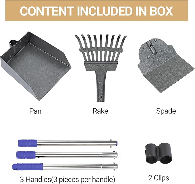 Heeyoo Dog Pooper Scooper, Dog Poop Tray and Rake Set, Pet Waste Removal Scoop with Long Adjustable Sectional Stainless Handles