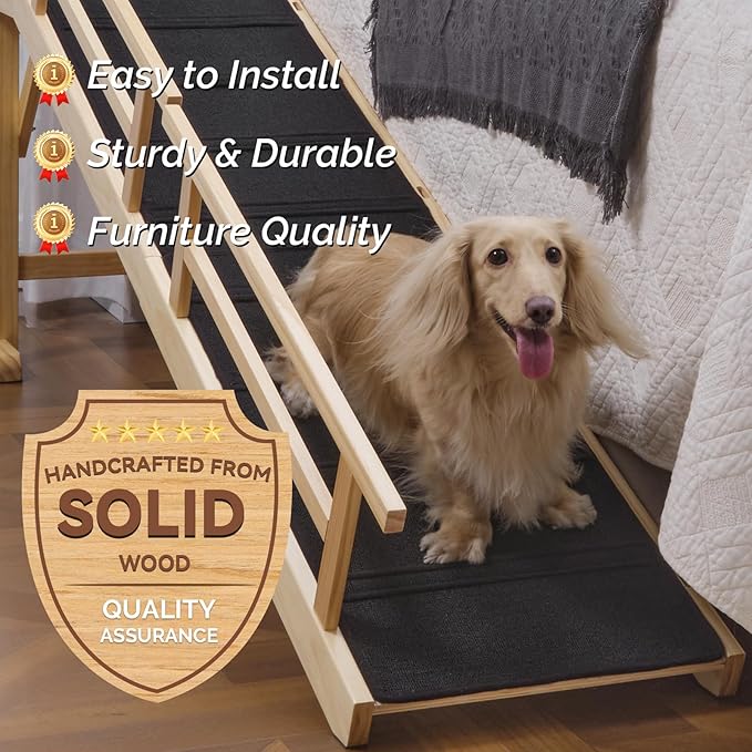 Dog Ramp for Bed or Couch, Wooden Pet Ramp with 20° Gentle Slope, Removable Side Rails, Non-Slip Surface, Top Platform & Wheels, Safe Bed Ramp for Small, Medium & Senior Dogs, 74" Long, Natural