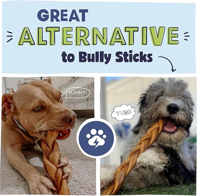 Pawstruck Natural Large 10-13” Beef Collagen Braids for Dogs – Long-Lasting Rawhide & Bully Stick Alternative, with Chondroitin & Glucosamine – 3 Pack