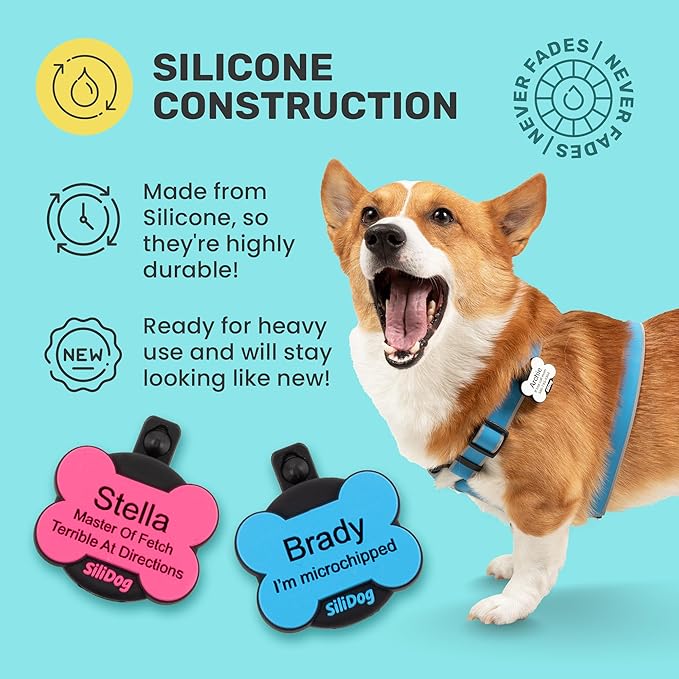 SiliDog AirTag Holder Silent Dog ID Tag – Personalized Engraved Silicone Pet Tag – Durable, Glow-in-The-Dark – Pink Bone