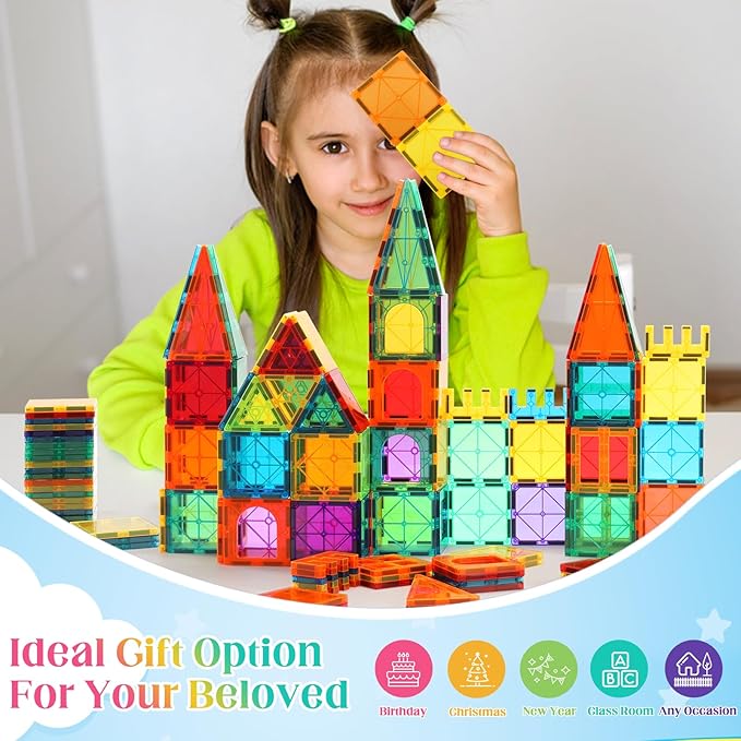 Magnetic Tiles,104PCS Magnetic Building Tiles for Kids, Educational Magnetic Stacking Blocks, Magnets Construction Toys, Christmas Toy Gift for Toddlers,Kids Boys and Girls 3 4 5 6 7 8 9+Year