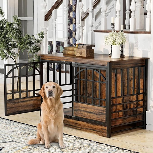 COZPAW 52 Inch Dog Crate Furniture, Extra Large Dog Kennel Indoor for XLarge Breed, Heavy Duty Dog Cage with Double Elegant Arched Doors, Decorate as TV Stand & End Table-Retro Brown