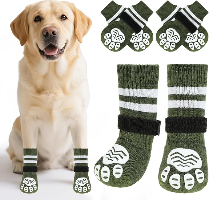 PUPTECK Non-slip Dog Socks to Prevent Licking Paws, Double Sides Dog Boots & Paw Protectors Booties Traction on Hardwood Floors Hot Pavement with Grippers, for Small Medium Large Senior Dogs, Green XL