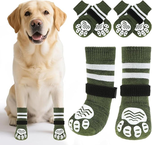 PUPTECK Non-slip Dog Socks to Prevent Licking Paws, Double Sides Dog Boots & Paw Protectors Booties Traction on Hardwood Floors Hot Pavement with Grippers, for Small Medium Large Senior Dogs, Green XL