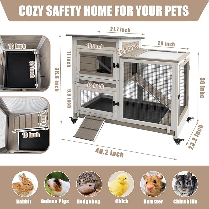 Rabbit Hutch Indoor 40" L Large 2 Story Outdoor Wooden Bunny Hutch with Run, 4 Metal Wheels & 2 Deeper Trays, UV-Proof Panel Rabbit Cage Guinea Pig Pet House for Small-Medium Animals