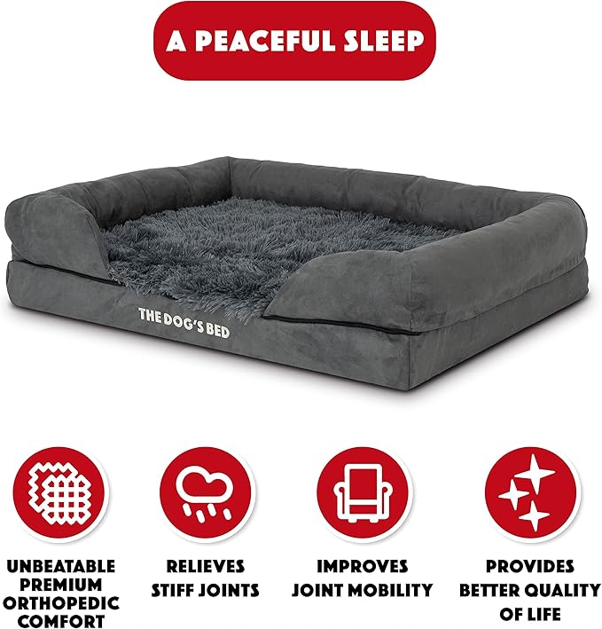The Dog’s Bed, Medium Grey Faux Fur 30x23.5, Memory Foam, Pain Relief: Arthritis, Hip & Elbow Dysplasia, Post Surgery, Lameness, Supportive, Calming, Washable Cover, Veterinary Approved