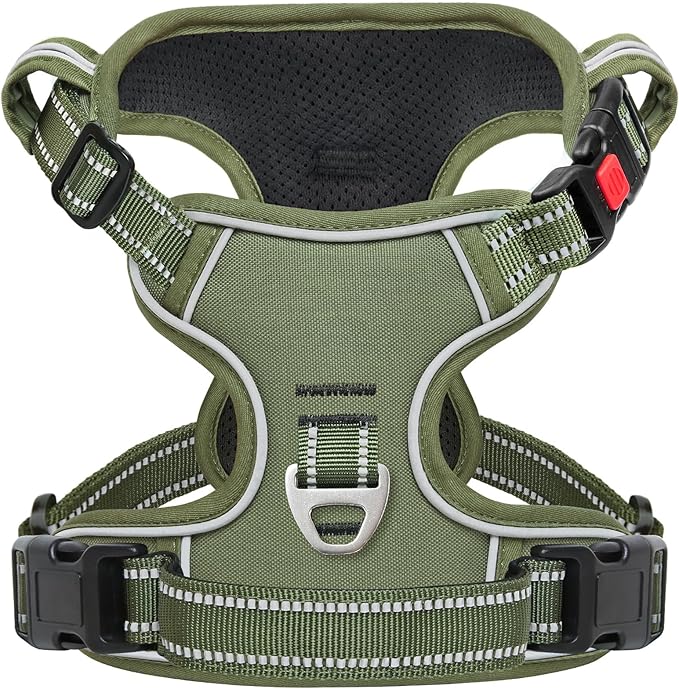 Timos Dog Harness Large Sized, No Pull Pet Harness with Neck Lockable Snap,No Choke Front Clip Dog Reflective Vest,Adjustable Metal Rings 3 Buckles,Easy Control Handle for Large Dogs Green XL