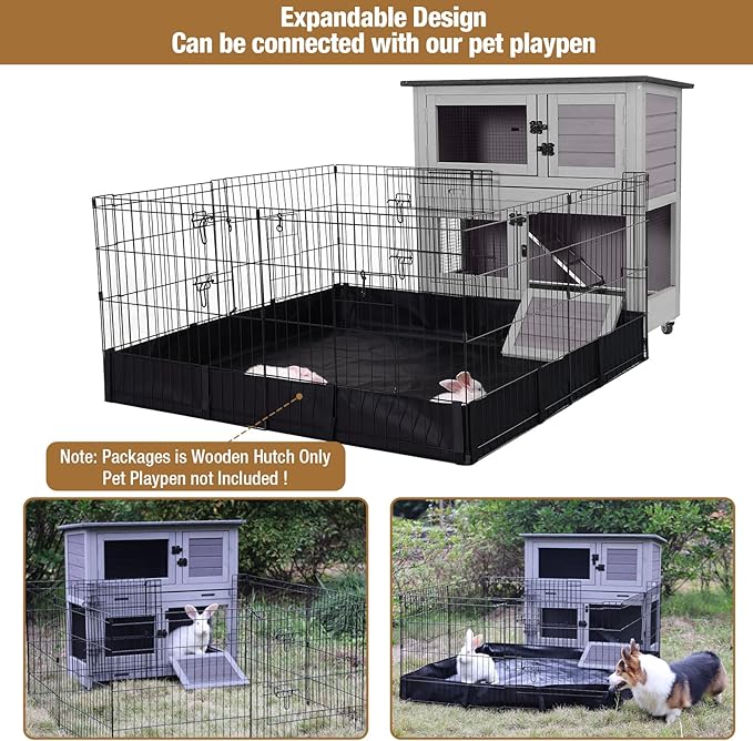 Rabbit Hutch Outdoor Indoor Bunny Cage 2 with Large Pull-Out Trays 2 Story Guinea Pig Cage on Wheels- Move Freely