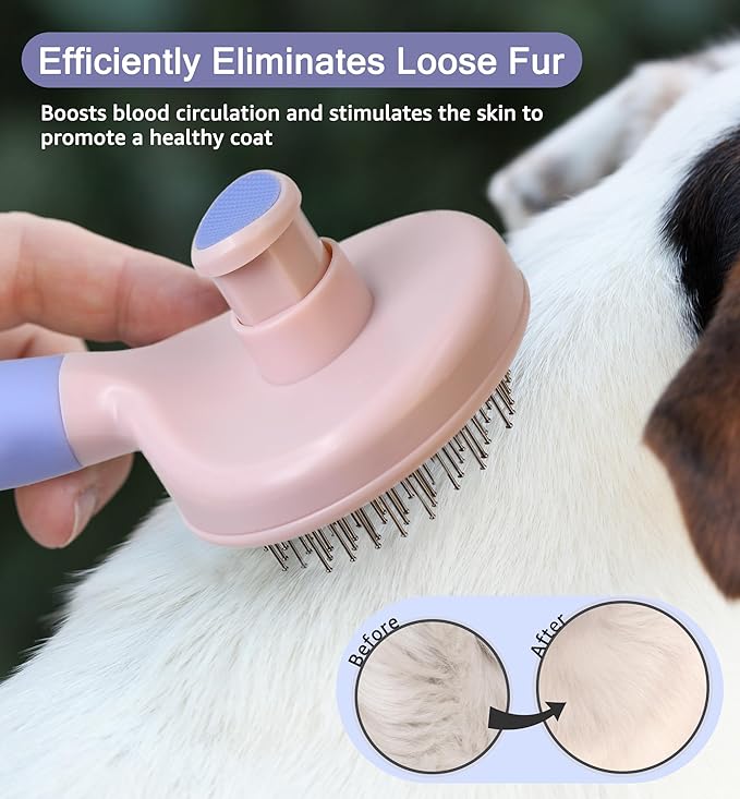 Pet Self-Cleaning Slicker Brush for Dogs & Cats, Deshedding Grooming Comb, Removes Loose Undercoat Hair & Mats, Skin-Friendly Massaging Tool for Long/Short Fur, Large & Small Breeds (Purple)